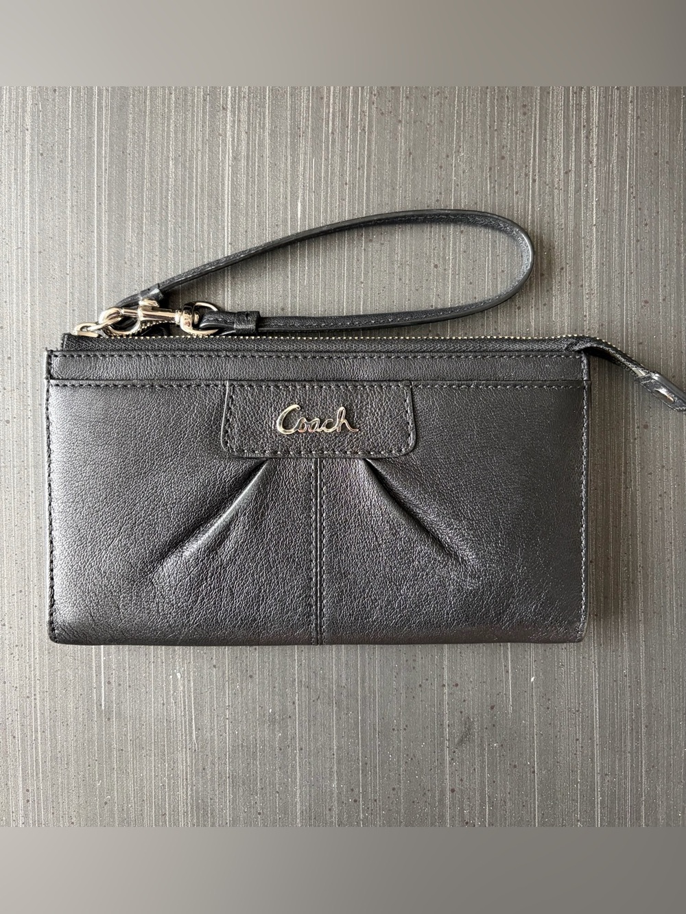 Coach Black Leather Silver Hardware Wristlet